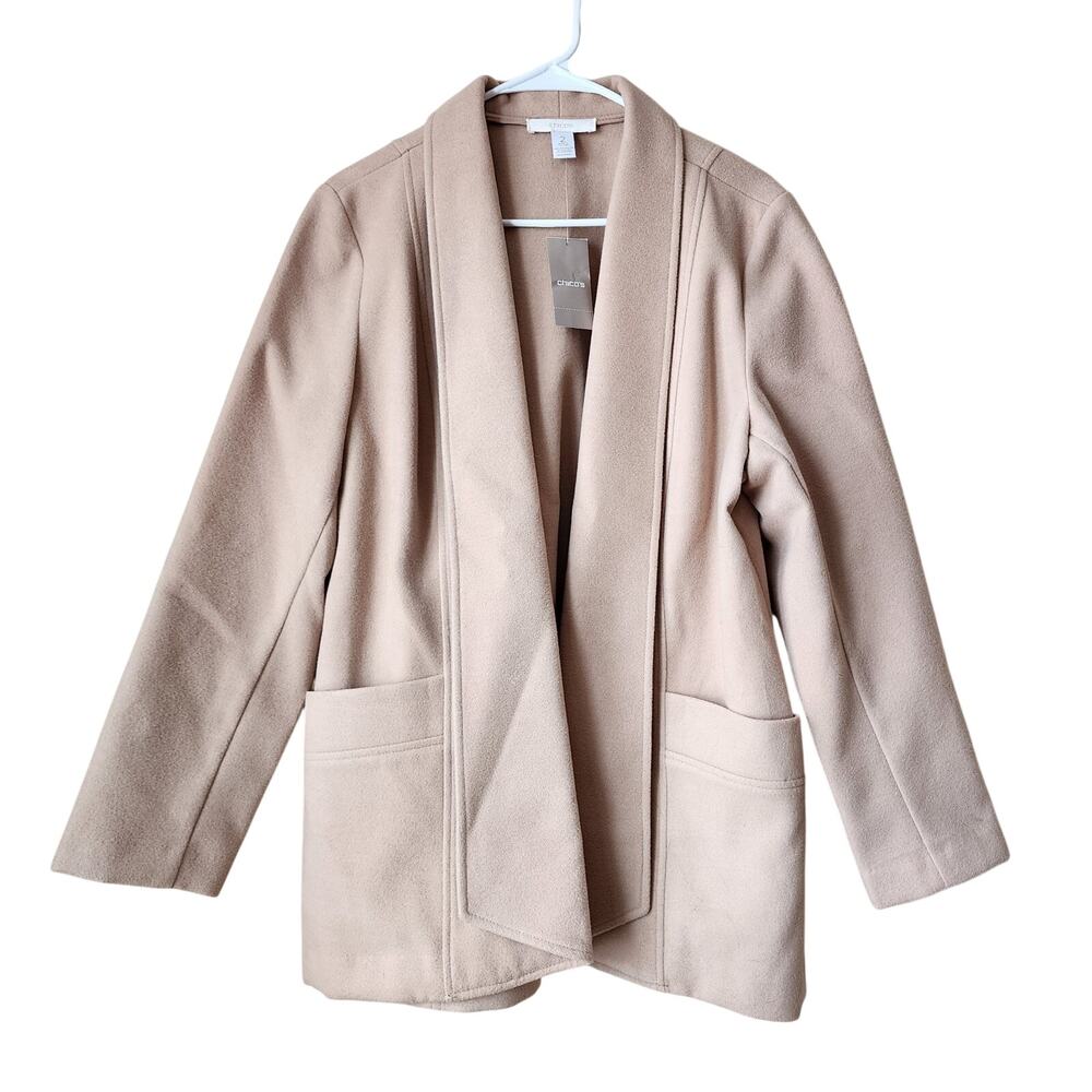 Chicos Shawl Collar Coat Womens Size 2 Light Smooth Plush Arabian Camel New